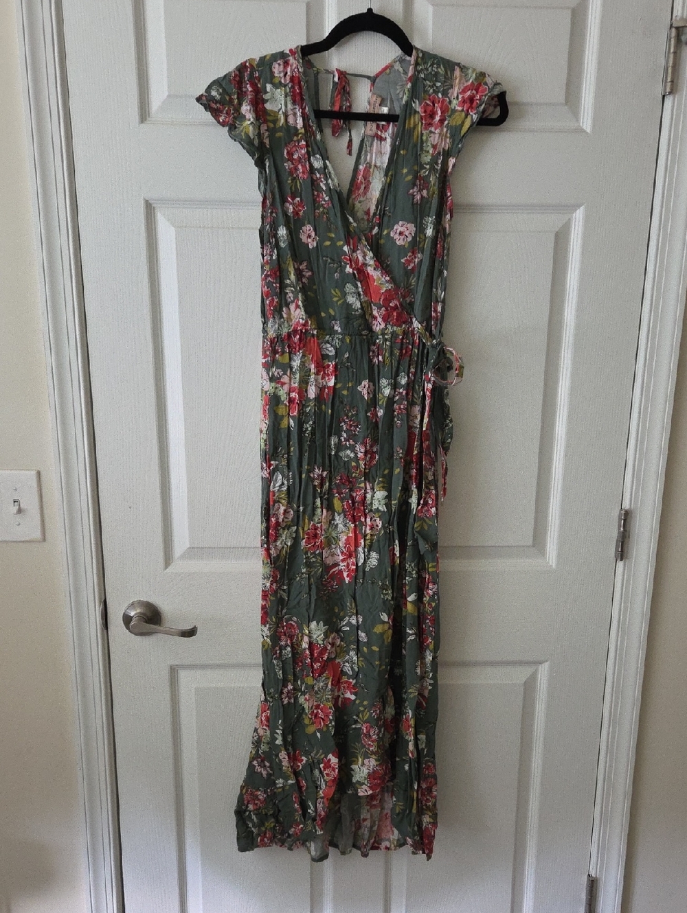 Floral Wrap Maxi Dress - Olive Green with Pink Flowers